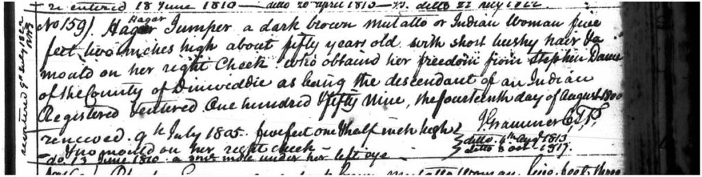 Register of freedom for Hagar Jumper in 1810 (excerpt enlarged)