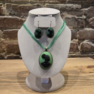 Green And Black Cameo Pendant And Earrings Set