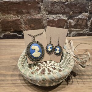 Blue And Cream Cameo Pendant And Earring Set Bronze