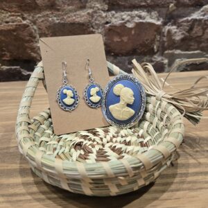 Cream On Blue Cameo Earring And Brooch Set
