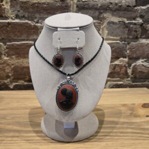 Red And Black Cameo Pendant And Earring Set
